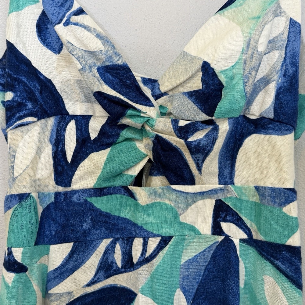 1 State Maxi Dress Womens Size Large Blue Floral Linen Blend Open Back High Slit - Picture 4 of 14